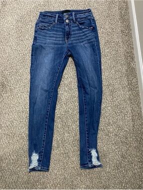 "Buckle Black" Dark Blue High-Rise Skinny Jeans with Ankle Distress